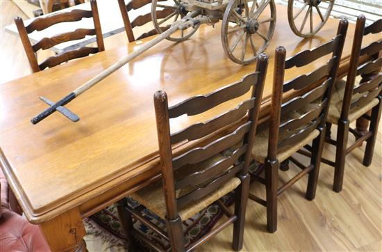 A modern pine kitchen dining table W.198cm